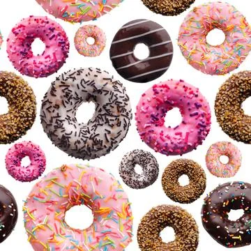 Set of assorted donuts, seamless pattern Stock Photos