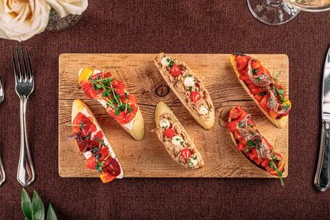 Set of assorted gourmet bruschettas Stock Photos