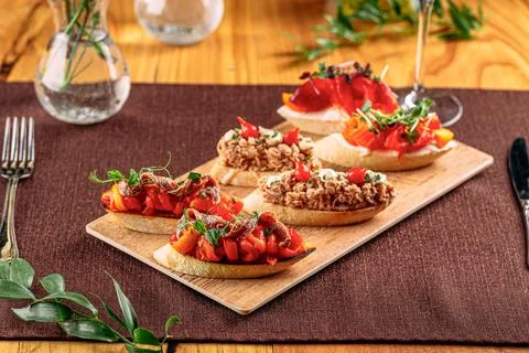 Set of assorted gourmet bruschettas Stock Photos
