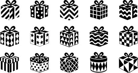 Set of assorted holiday gift box icons with patterned surfaces for festive .. Stock Illustration