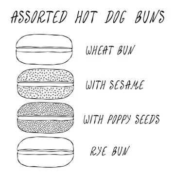 Set of Assorted Hot Dog Buns. Wheat Bun with Sesame, Poppy Seeds, Rye Bun. Fo Stock Illustration