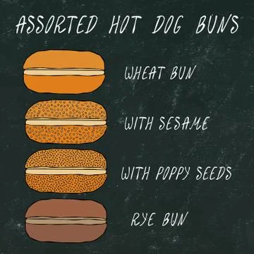 Set of Assorted Hot Dog Buns. Wheat Bun with Sesame, Poppy Seeds, Rye Bun. Fo Stock Illustration