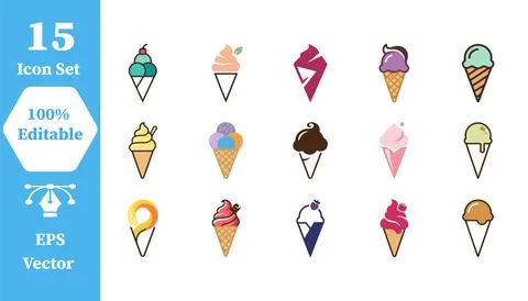 Set of assorted ice cream cone icons for dessert design with collection Stock Illustration