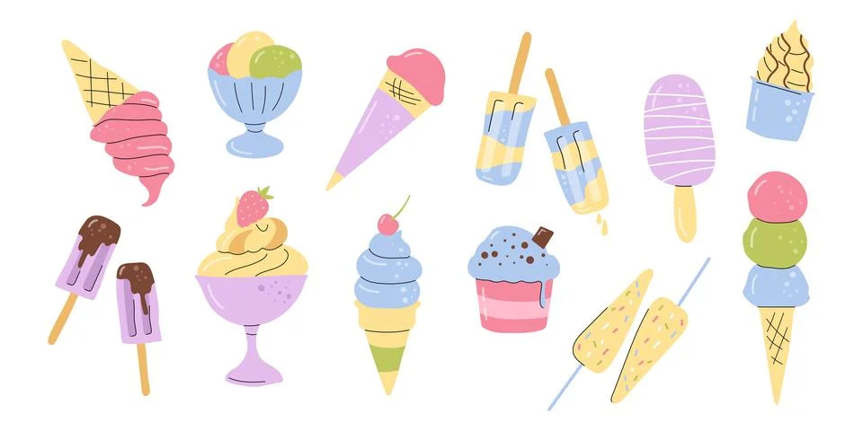 Set of assorted ice cream scoops and popsicles on white background Stock Illustration