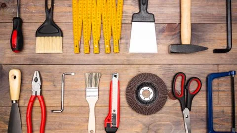 Set of assorted instruments on table Stock Photos