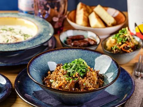 Set of assorted pan asian dishes. Chinese, Korean, Japanese cuisine. Soups, d Stock Photos