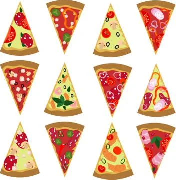 Set assorted pizza. Vegetarian, meat, mushroom pizza. Design for menu, cafe, Stock Illustration