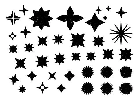 Set of assorted shapes; black stars with grunge texture. Sale or discount s.. Illustrazione stock