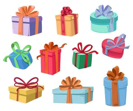 Set of assorted shapes colorful gift boxes tied with ribbons Stock Illustration