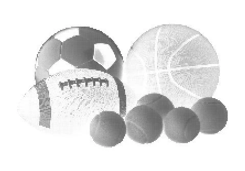 Set of assorted sports balls in dot halftone graphic style. Stock Illustration