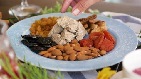 Set of assorted traditional eastern desserts. Arabian sweets on wooden table Stock-Footage 148432191