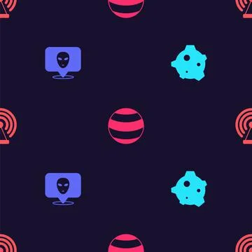 Set Asteroid, Alien, Planet and Radar on seamless pattern. Vector Stockillustratie