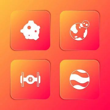 Set Asteroid, Earth globe, Cosmic ship and Planet icon. Vector Illustrazione stock