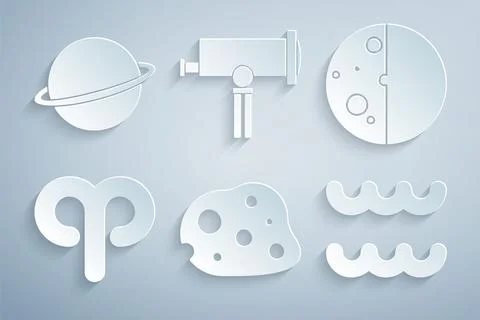 Set Asteroid, Eclipse of the sun, Aries zodiac, Aquarius, Telescope and Pla.. 스톡 일러스트