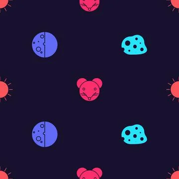 Set Asteroid, Eclipse of the sun, Rat zodiac and Sun on seamless pattern. Vector Stock Illustration