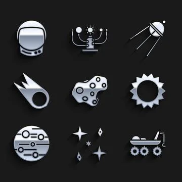 Set Asteroid, Falling stars, Mars rover, Sun, Planet, Comet falling down fast Illustrazione stock
