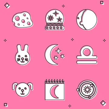Set Asteroid, Magic ball, Eclipse of the sun, Rabbit zodiac, Moon and stars Ilustração Stock