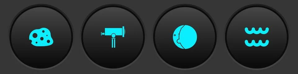 Set Asteroid, Telescope, Eclipse of the sun and Aquarius zodiac icon. Vector 스톡 일러스트