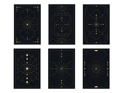 Set of astrological cards featuring celestial elements and symbols of mysti.. Ilustración de archivo