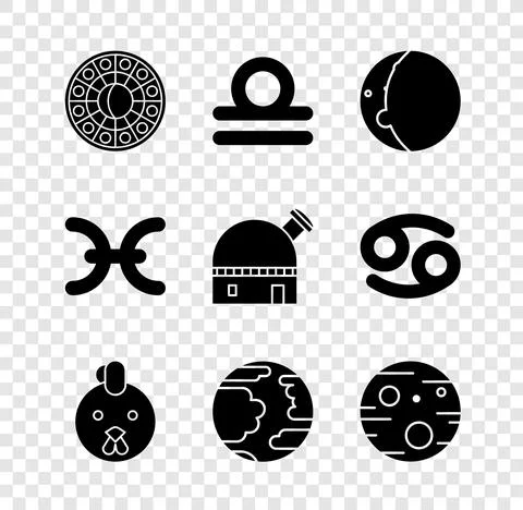 Set Astrology horoscope circle, Libra zodiac, Eclipse of the sun, Rooster Illustrazione stock