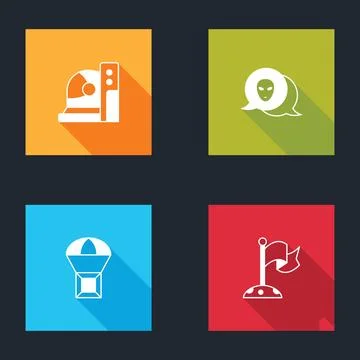 Set Astronaut helmet, Alien, Box flying parachute and Moon with flag icon Stock Illustration