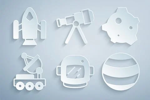 Set Astronaut helmet, Asteroid, Mars rover, Planet, Telescope and Rocket sh.. Stock Illustration