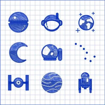 Set Astronaut helmet, Planet, Robot, Great Bear constellation, Cosmic ship, Moon Stock Illustration