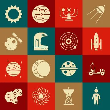 Set Astronaut, Mars rover, Space shuttle and rockets, Solar system, helmet Stock Illustration