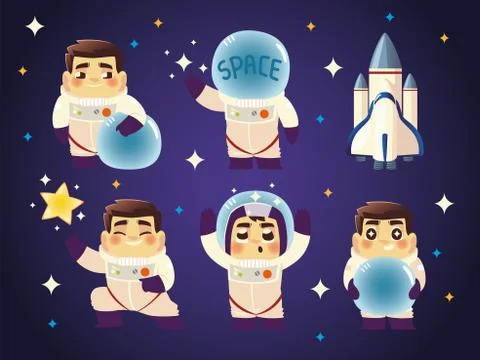 Set of astronaut in various poses in space and spaceship Stock Illustration