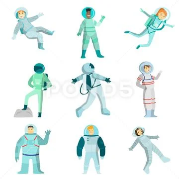 Set of astronauts of men and women dancing in zero gravity and conquering other Stock Illustration