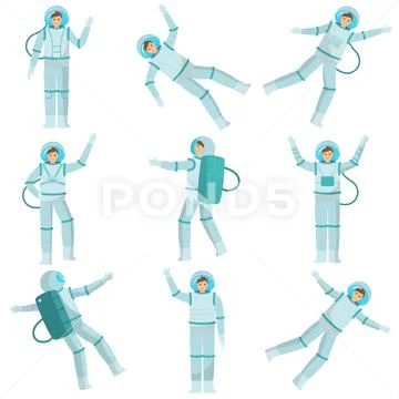Set of astronauts of men and women dancing in zero gravity and conquering other Stock Illustration
