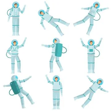 Set of astronauts of men and women dancing in zero gravity and conquering other Stock Illustration