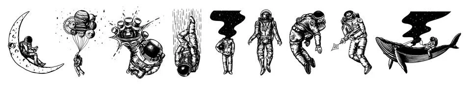 Set of Astronauts in the solar system. Spaceman and whale, taking off cosmonaut Illustrazione stock