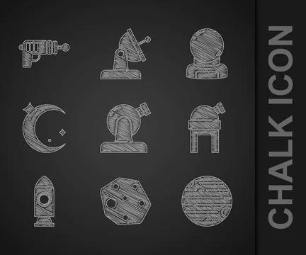 Set Astronomical observatory, Asteroid, Planet, Rocket ship, Moon and stars,  Ilustração Stock