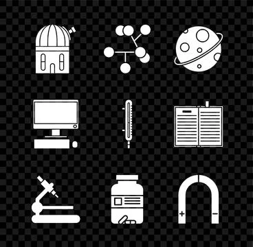 Set Astronomical observatory, Molecule, Planet, Microscope, Medicine bottle and 스톡 일러스트