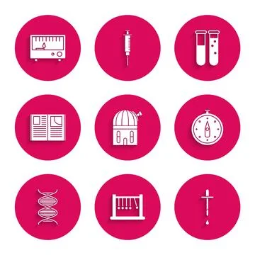 Set Astronomical observatory, Pendulum, Pipette, Compass, DNA symbol, Open .. Stock Illustration