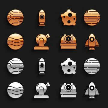 Set Astronomical observatory, Planet, Rocket ship, Asteroid, and icon. Vector 스톡 일러스트