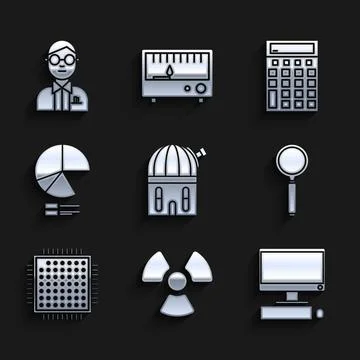 Set Astronomical observatory, Radioactive, Computer monitor with keyboard and Stock Illustration