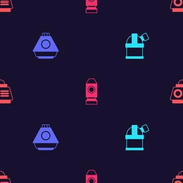 Set Astronomical observatory, Space capsule, Rocket ship and on seamless pattern Stock Illustration