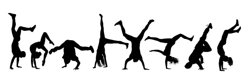 Set of athlete doing cartwheel exercise vector silhouette Stock Illustration