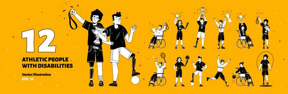Set of athletic people with disabilities, vector Illustrazione stock