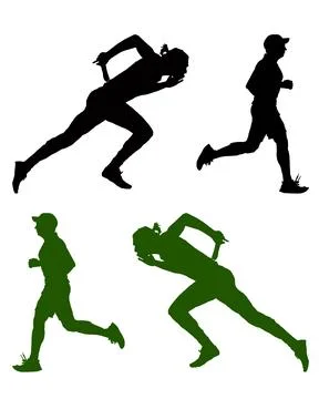 Set of athletic runner silhouettes in black and green performing relay and Stock Illustration