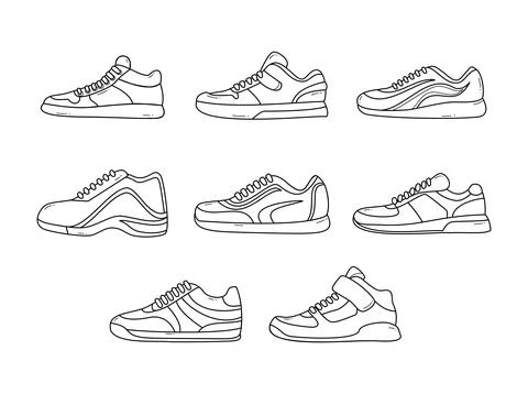 Set of athletic sneakers doodle set collection, Fashion Sport shoe bundle, .. Stock Illustration