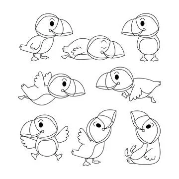 Set of atlantic puffin doodle collection, puffin bird outline coloring page.. Stock Illustration