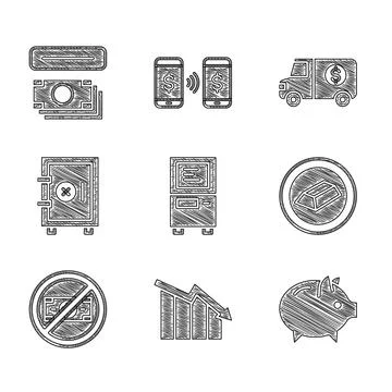 Set ATM, Financial growth decrease, Piggy bank, Gold bars, No money, Safe Illustrazione stock