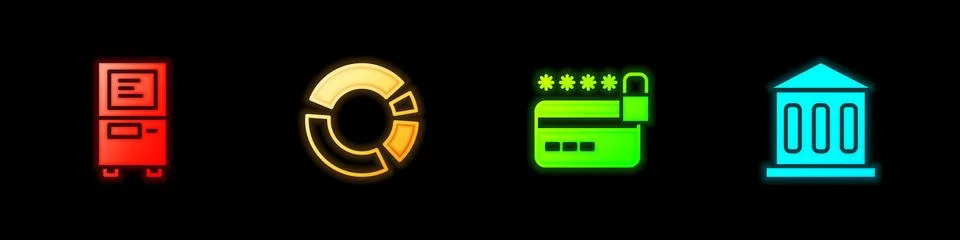 Set ATM, Pie chart infographic, Credit card with lock and Bank building icon Ilustración de archivo
