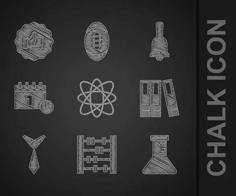 Set Atom, Abacus, Test tube and flask, Office folders, Tie, Calendar first Stock Illustration