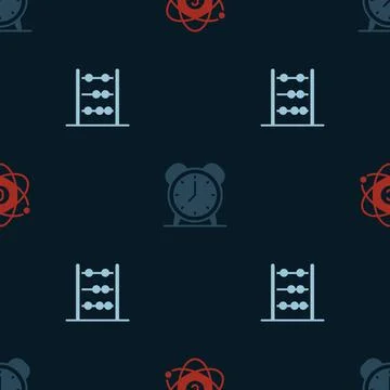 Set Atom, Alarm clock and Abacus on seamless pattern. Vector Illustrazione stock