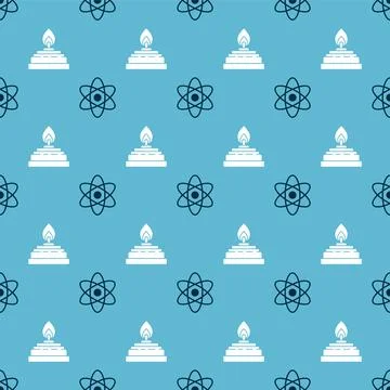 Set Atom and Alcohol or spirit burner on seamless pattern. Vector Illustrazione stock