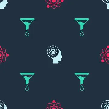 Set Atom, and Funnel or filter on seamless pattern. Vector Stock Illustration